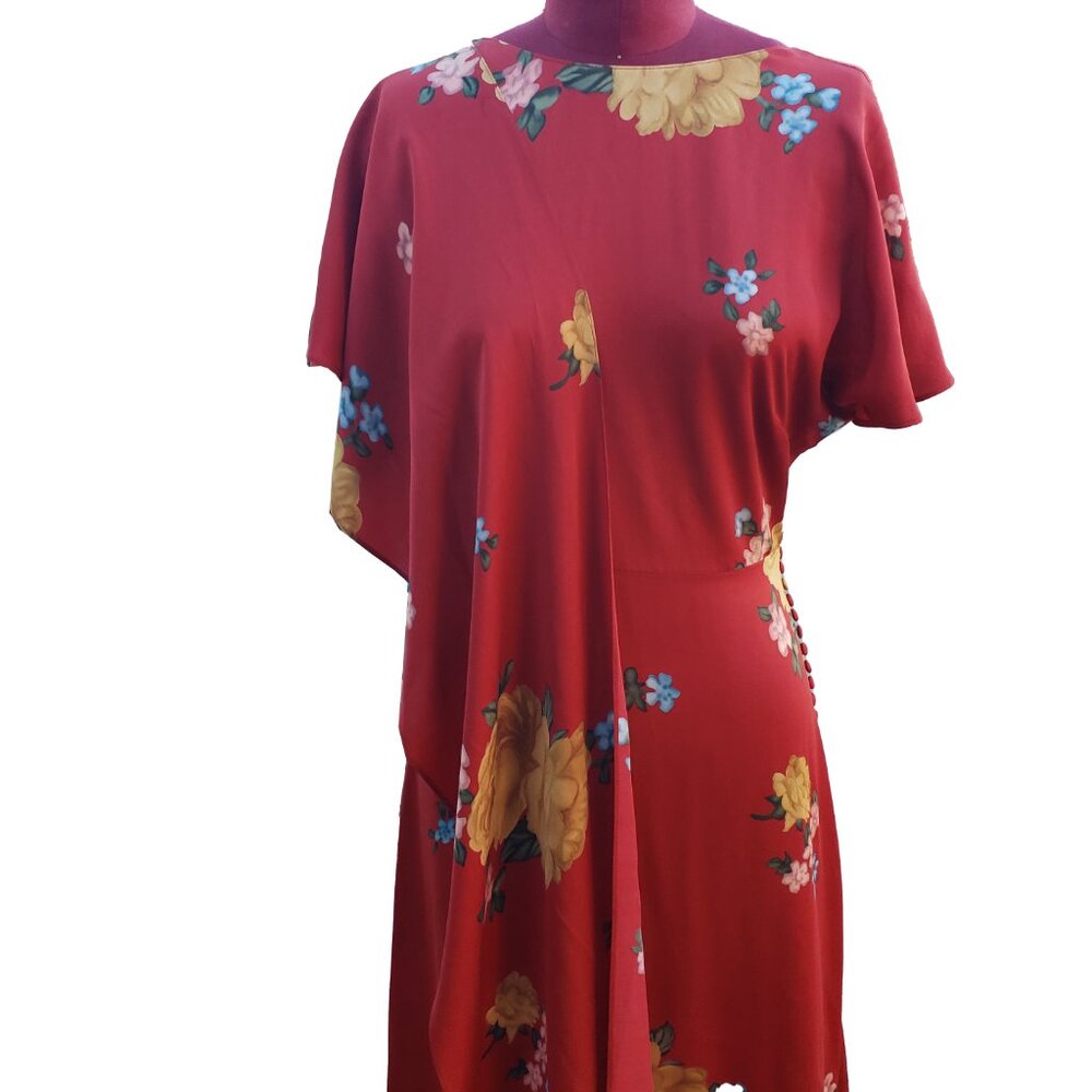 Magda Butrym Dress Red Floral Silk Short Sleeves Asymmetric Hem Midi 38 - Picture 3 of 10